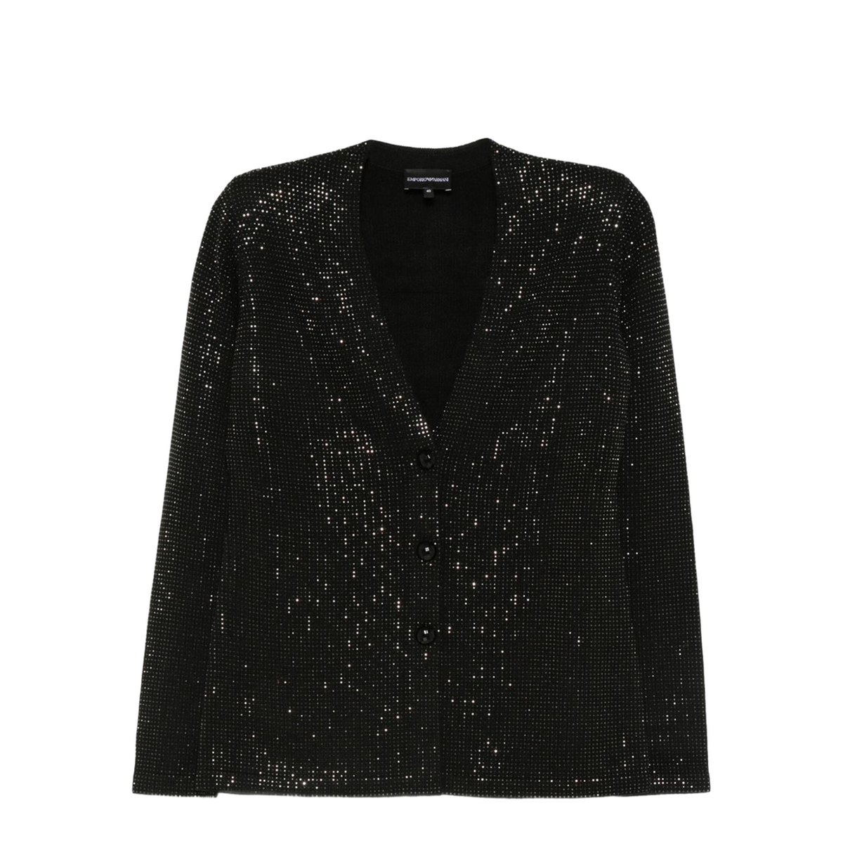 Virgin Wool-Blend Plain-Knit Cardigan with All-Over Rhinestones