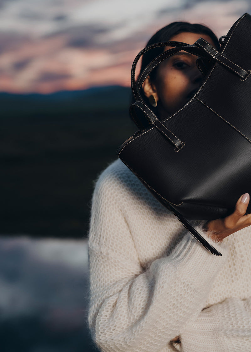Polene Cyme Mini Textured Black with Ecru Stitching