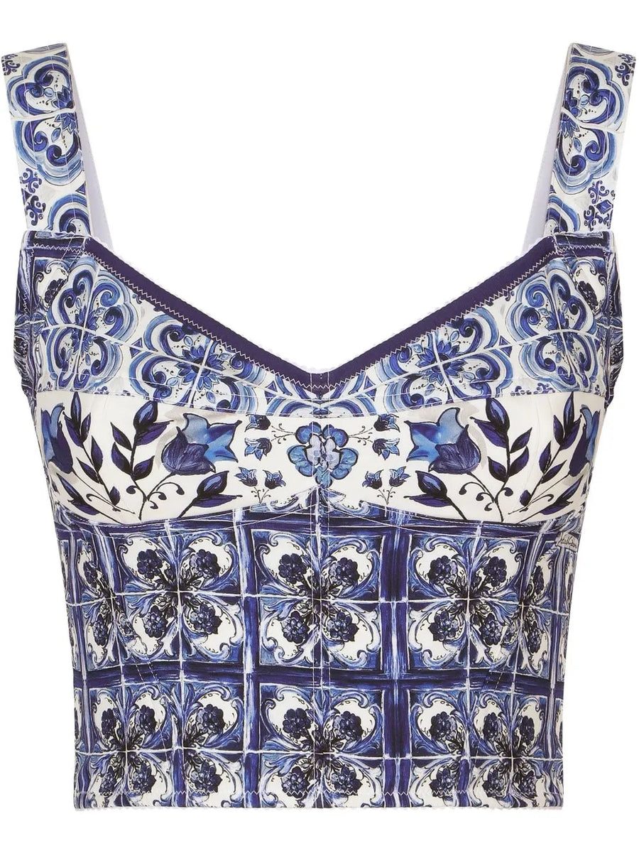 Majolica-print corset top