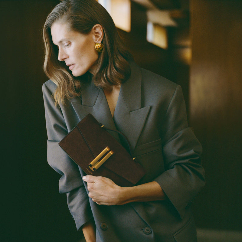 DeMellier The Vancouver Clutch mocha suede & mocha smooth