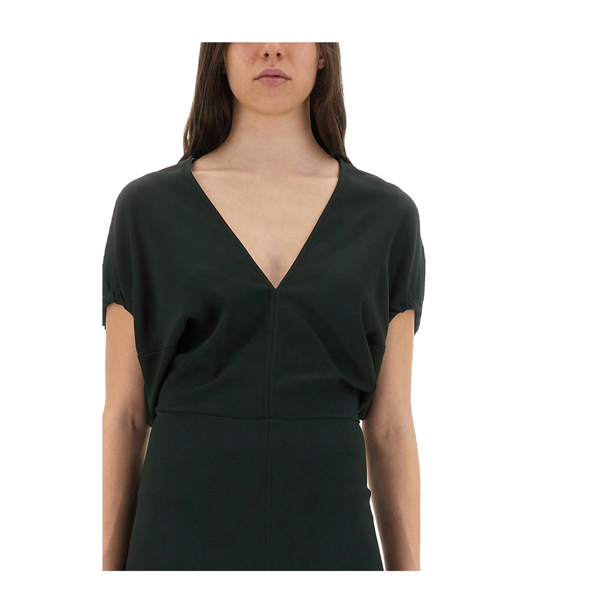 V-Neck Blouson Midi Dress in Black