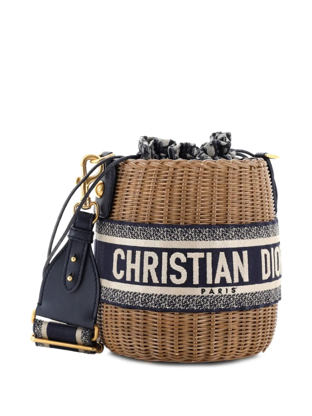 Drawstring Wicker with Oblique Canvas bucket bag