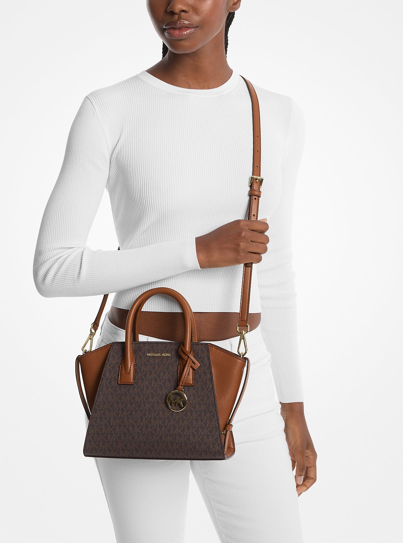 Michael Kors Avril Small Logo and Leather Satchel Brown