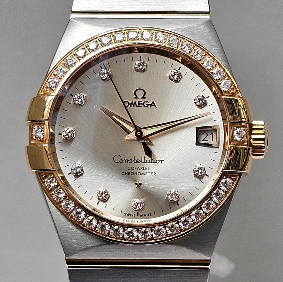 Omega Constellation Men38 MM - Silver Diamond Dial - Box & Papers 2024 - Factory Bezel - Rose Gold