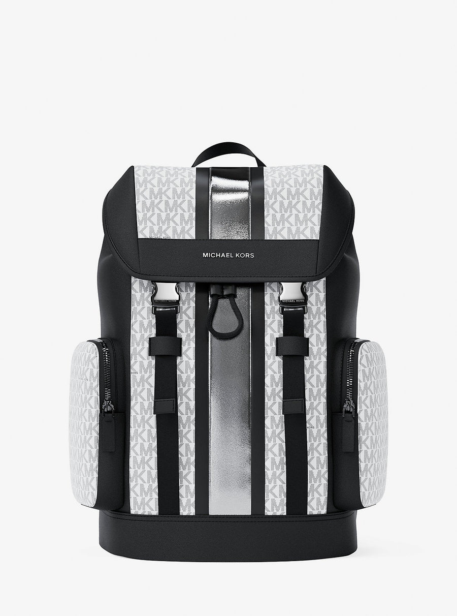 Michael Kors Cooper Metallic Striped Signature Logo Backpack Silver