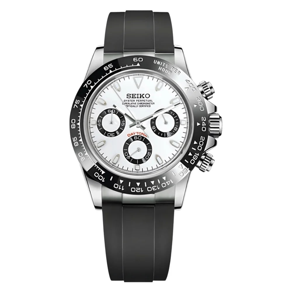 Seiko MOD Daytona Lunette céramique cadran Blanc "PANDA" Oyster Flex