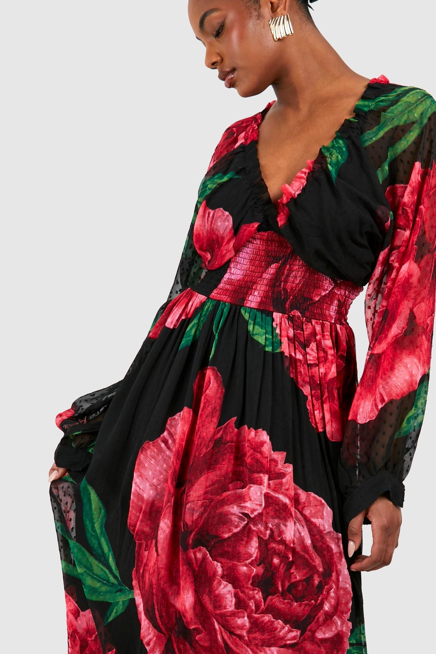 Tall Floral Print Dobby Shirred Maxi Dress