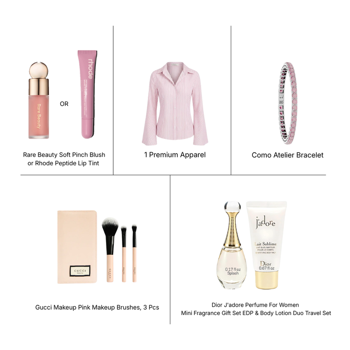 The Girl Kit (THE OBSESSION EDIT)  — Everything She Wants | Rare Beauty / Rhode, Premium Apparel, Jewelry, Gucci Kit, Dior Kit and more— Worth ₹ 20,499