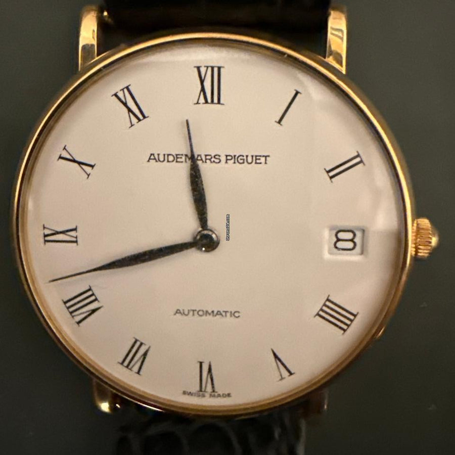 Audemars Piguet Gentlemans Automatic Wristwatch 18 CT Gold Case Black Strap
