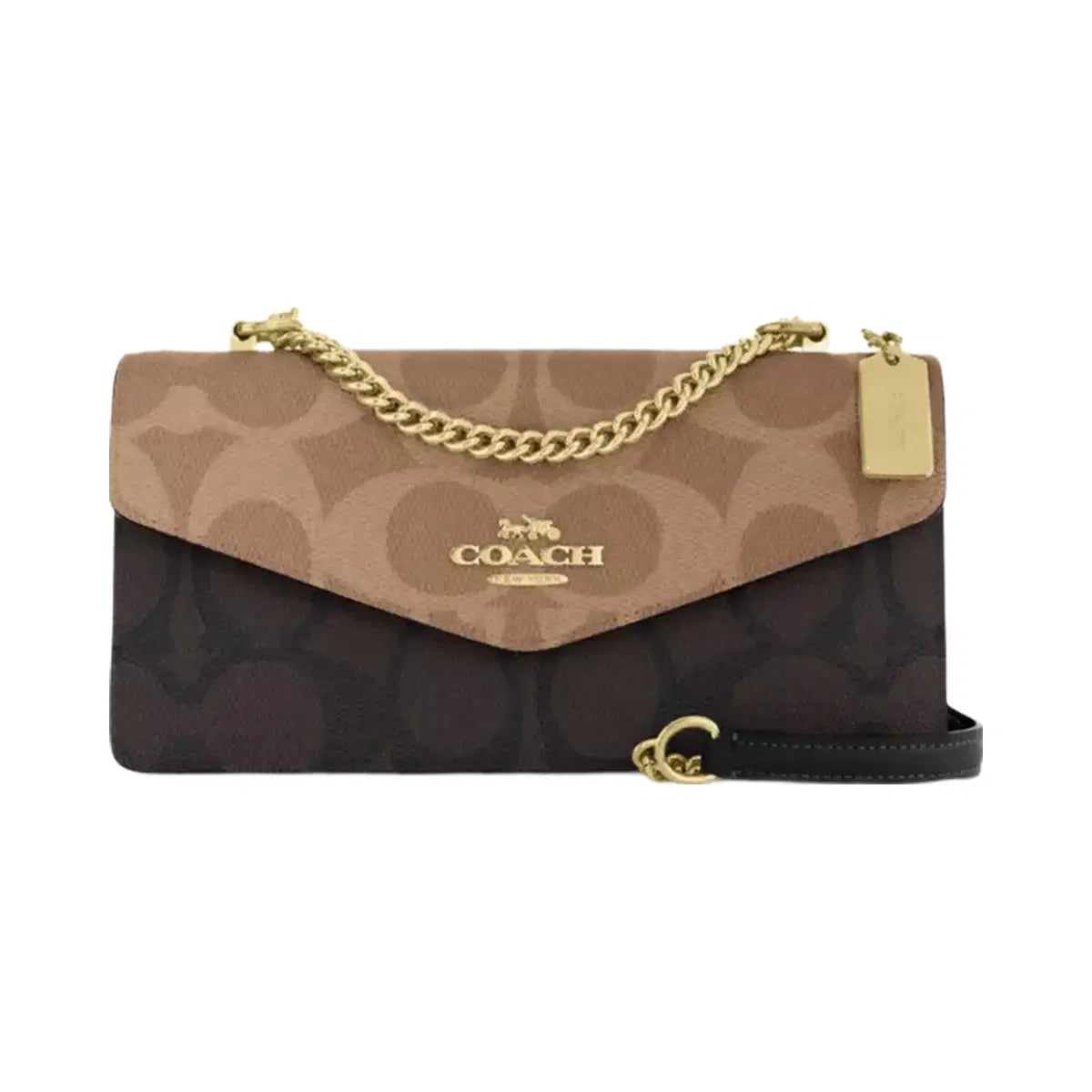 Coach Klare Envelope Crossbody Bag In Blocked Signature Canvas in Gold Walnut Tan