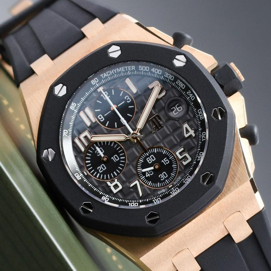Audemars Piguet2023 Complete 42mm 18 K Rose Gold Grey Mega Tapisserie Dial Rubber Strap 26238 OK