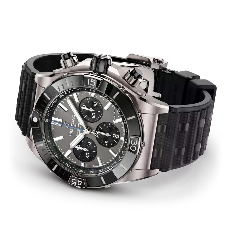 Breitling Chronomat Super Chronomat B01 44 Grey Dial Black Rubber Strap EB0136251 M1 S1 1/4th second chronograph 30-minute and 12-hour totalizers.