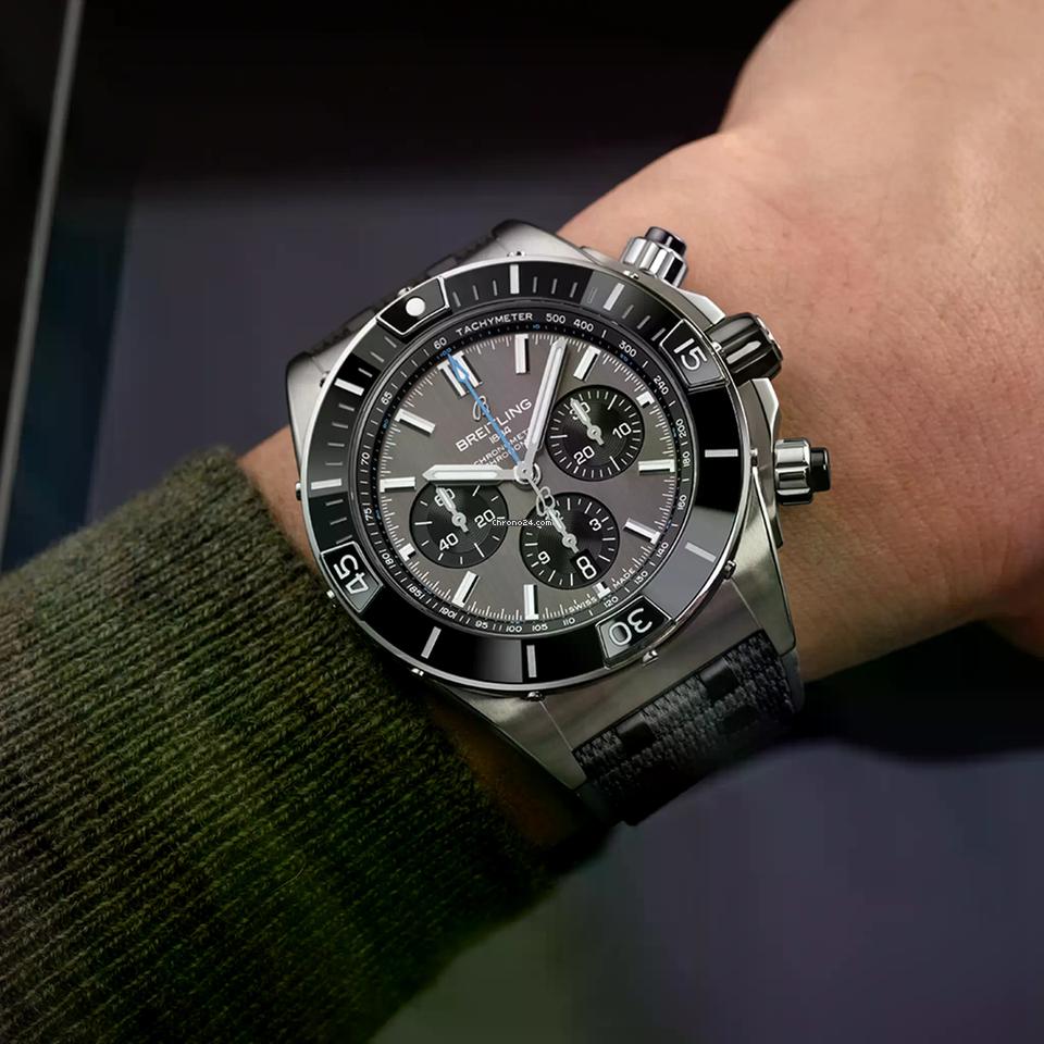 Breitling Chronomat Super Chronomat B01 44 Grey Dial Black Rubber Strap EB0136251 M1 S1 1/4th second chronograph 30-minute and 12-hour totalizers.