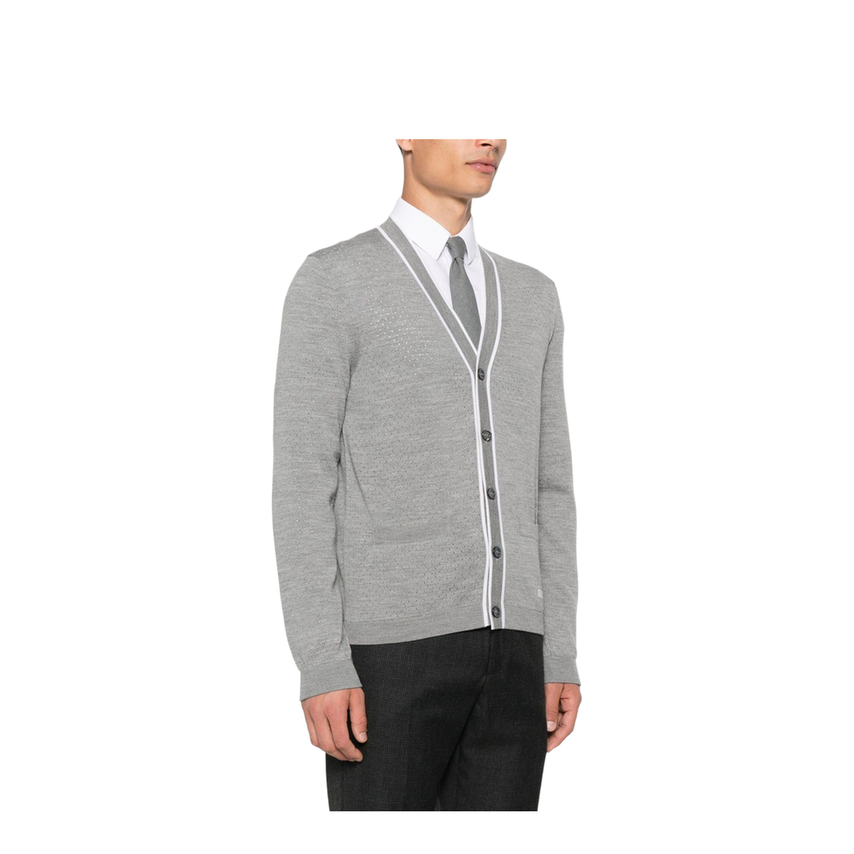 Fine Wool Knit Cardigan with Intarsia