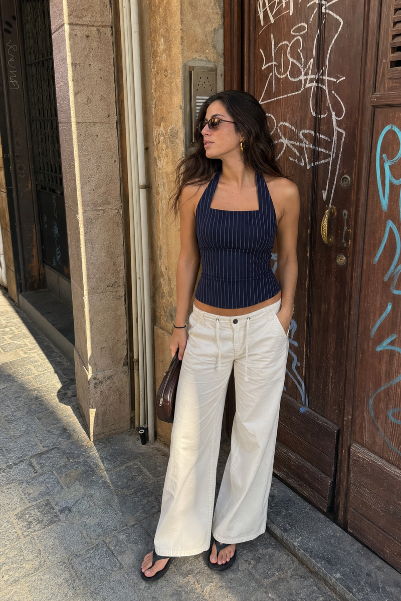 Elara Voss Structured Pinstripe Midnight Top