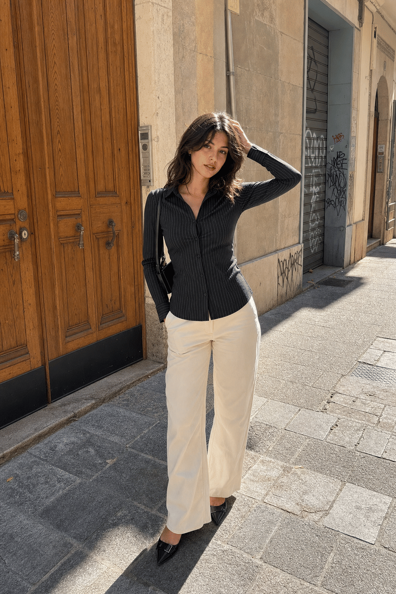 Elara Voss Classic Black Pinstripe Shirt