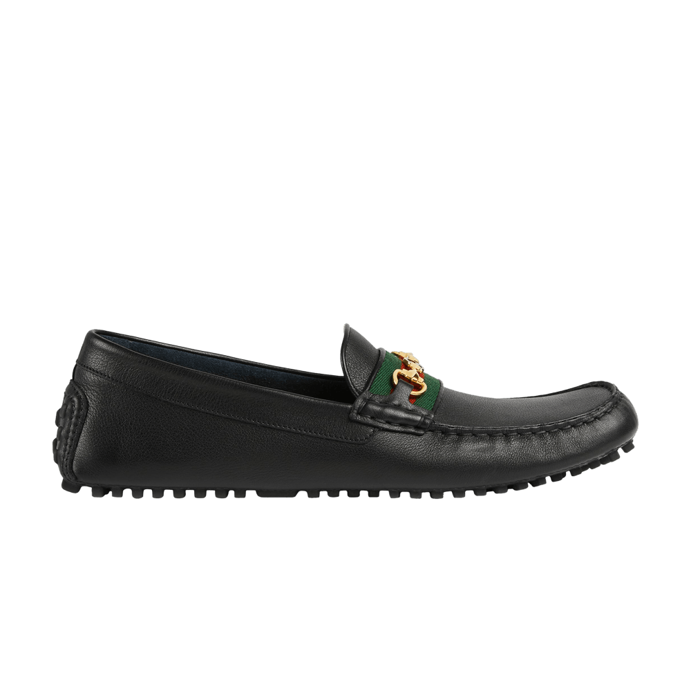 Gucci Ayrton Webbing-Trimmed Horsebit Leather Driver Loafers Black