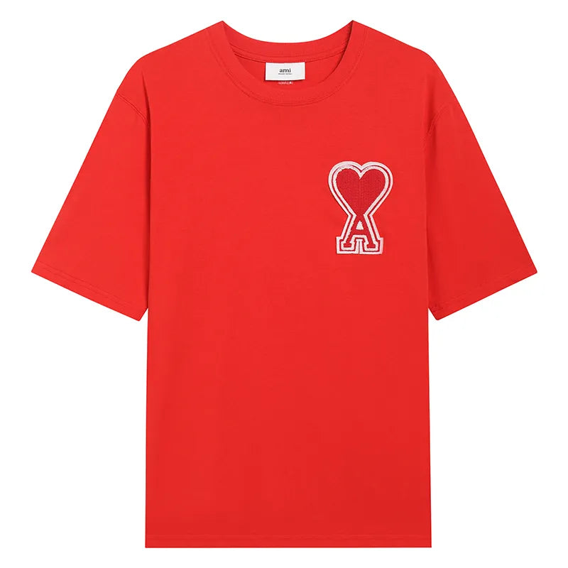 Ami Paris Pure Cotton Heart Embroidered Couple Unisex RED T-Shirt