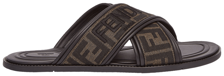 Fendi FF Motif Fabric Slide Embroidered Logo - Tobacco