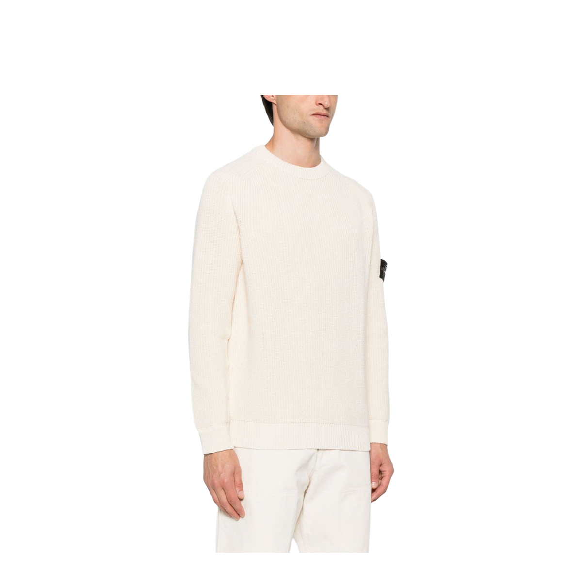 Beige Ribbed Knit Crew Neck Long Sleeves Compass Badge Cotton