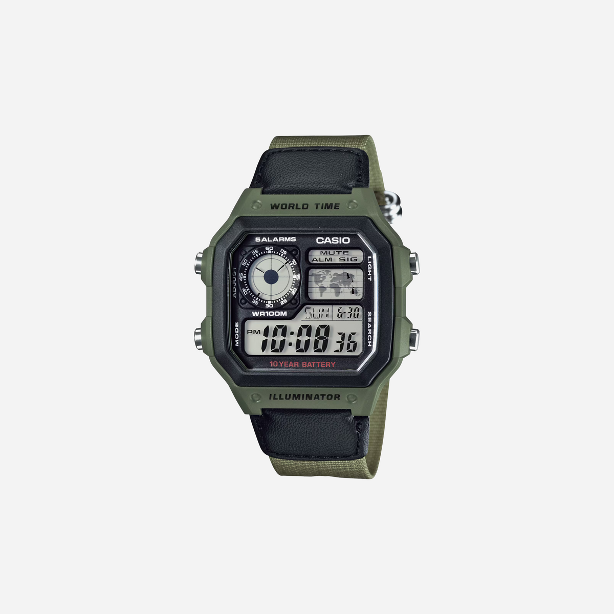 Casio Youth AE-1200WHB-3BV Digital Grey Dial Green Cloth Band Strap Watch