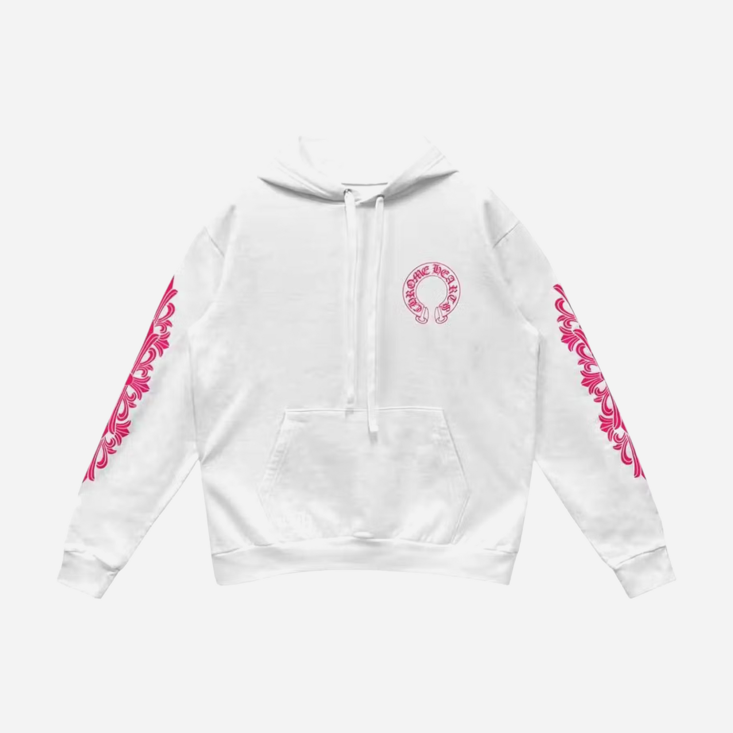 Chrome Hearts Pink Horseshoe Floral Sleeve Pullover Hoodie White