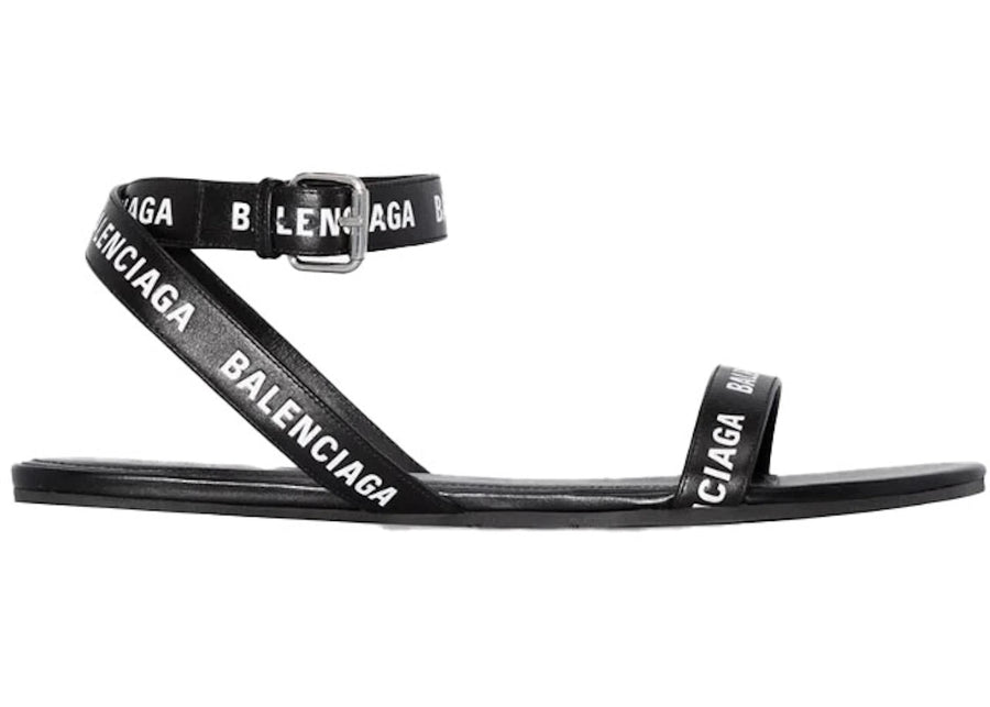 Balenciaga Black Logo Print Sandals Black Leather