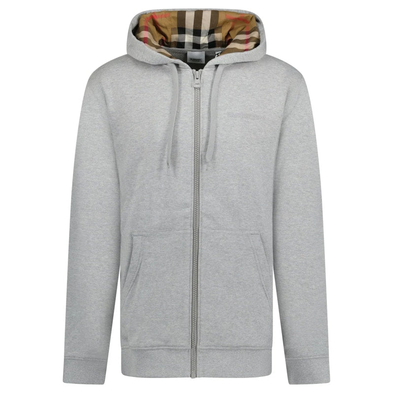 Burberry Hove Check Embroidery Logo Zip Hoodie Pale Grey