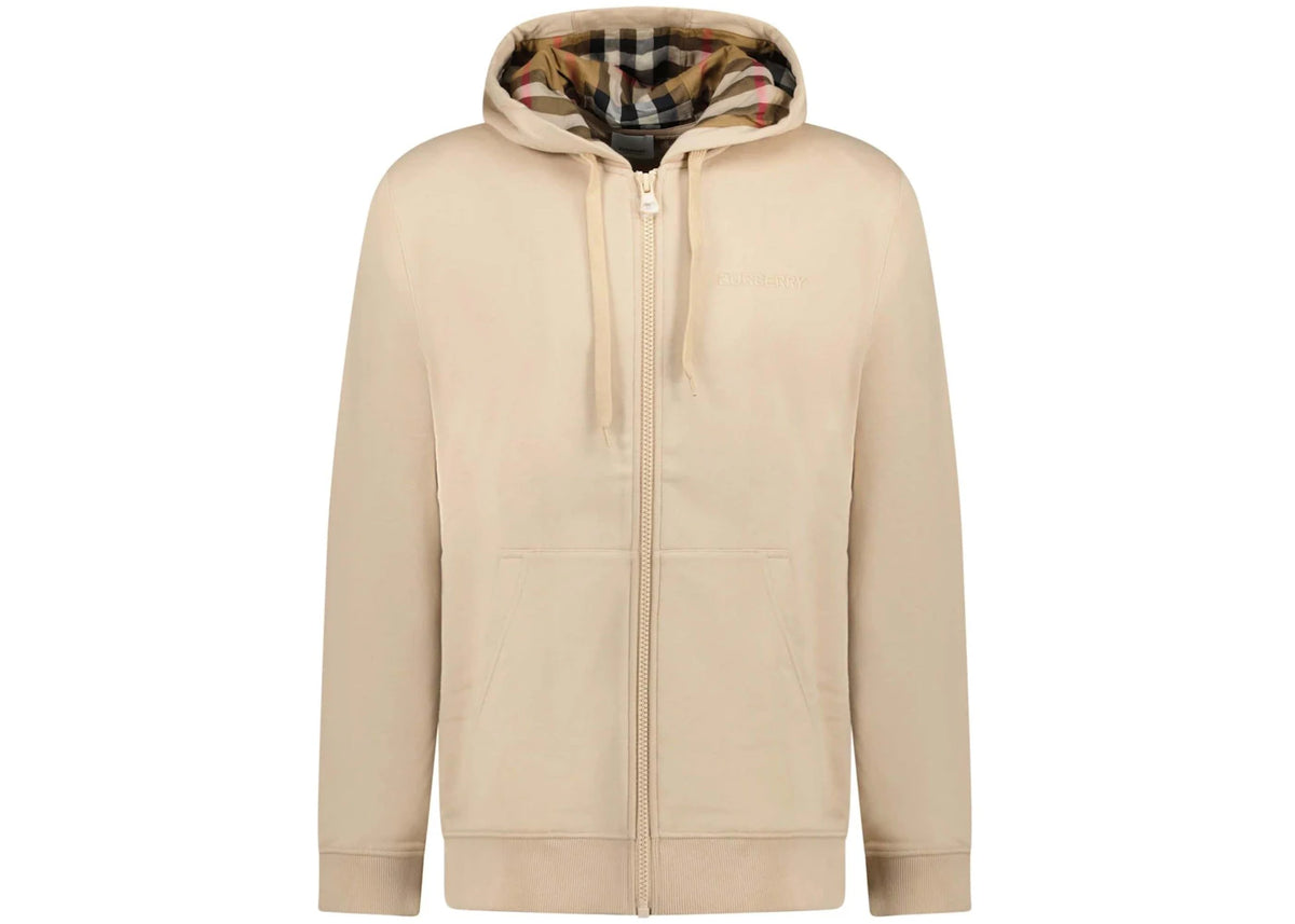 Burberry Hove Check Embroidery Logo Zip Hoodie Soft Fawn