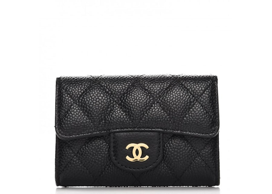 Chanel Card Holder Quilted Caviar Gold-tone Black