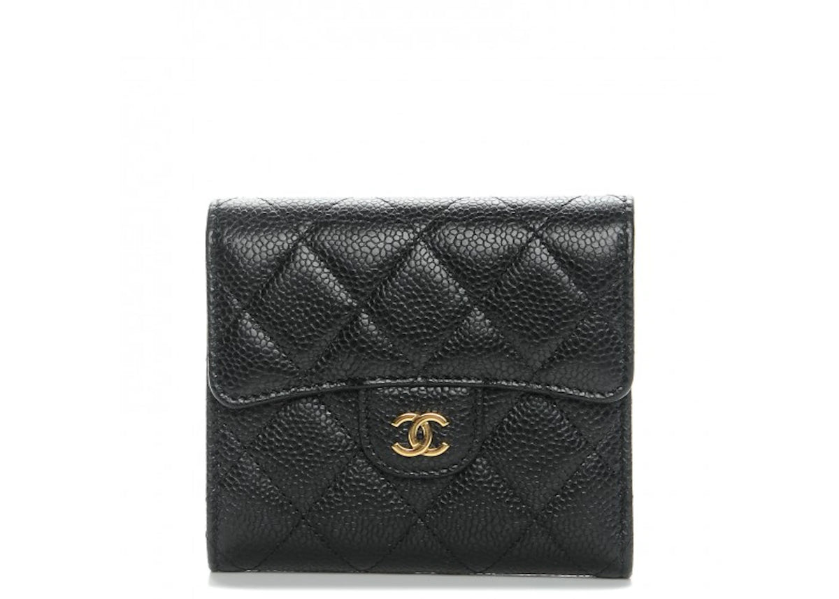 Chanel Flap Compact Wallet Quilted Caviar Gold-tone Black