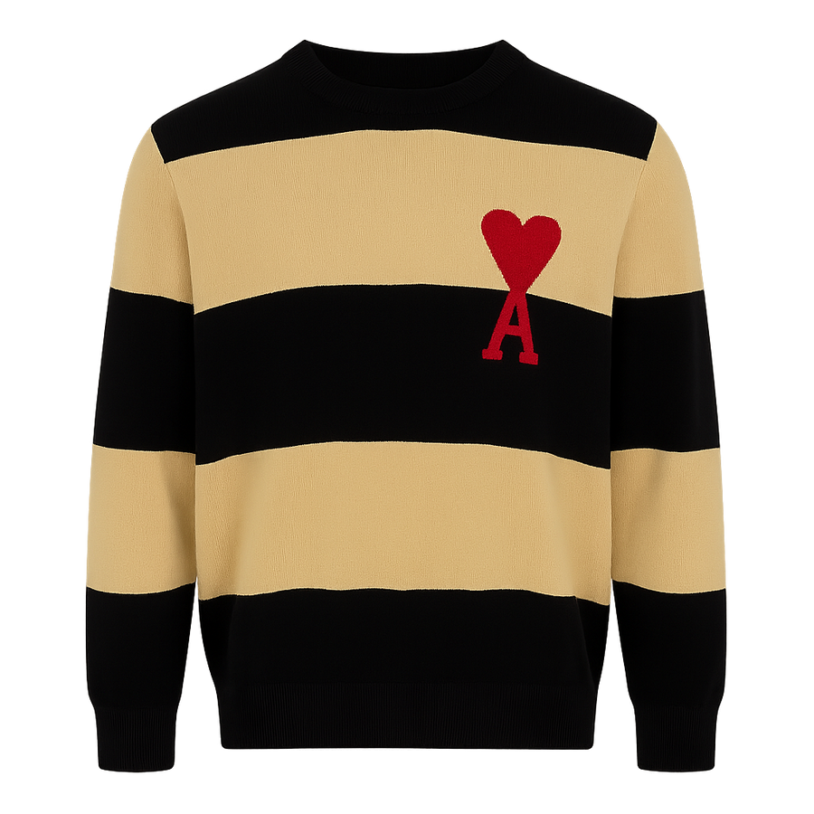 Ami Paris Ami De Coeur Sweater with Rugby Stripes Naut BLACK/Nat Brown
