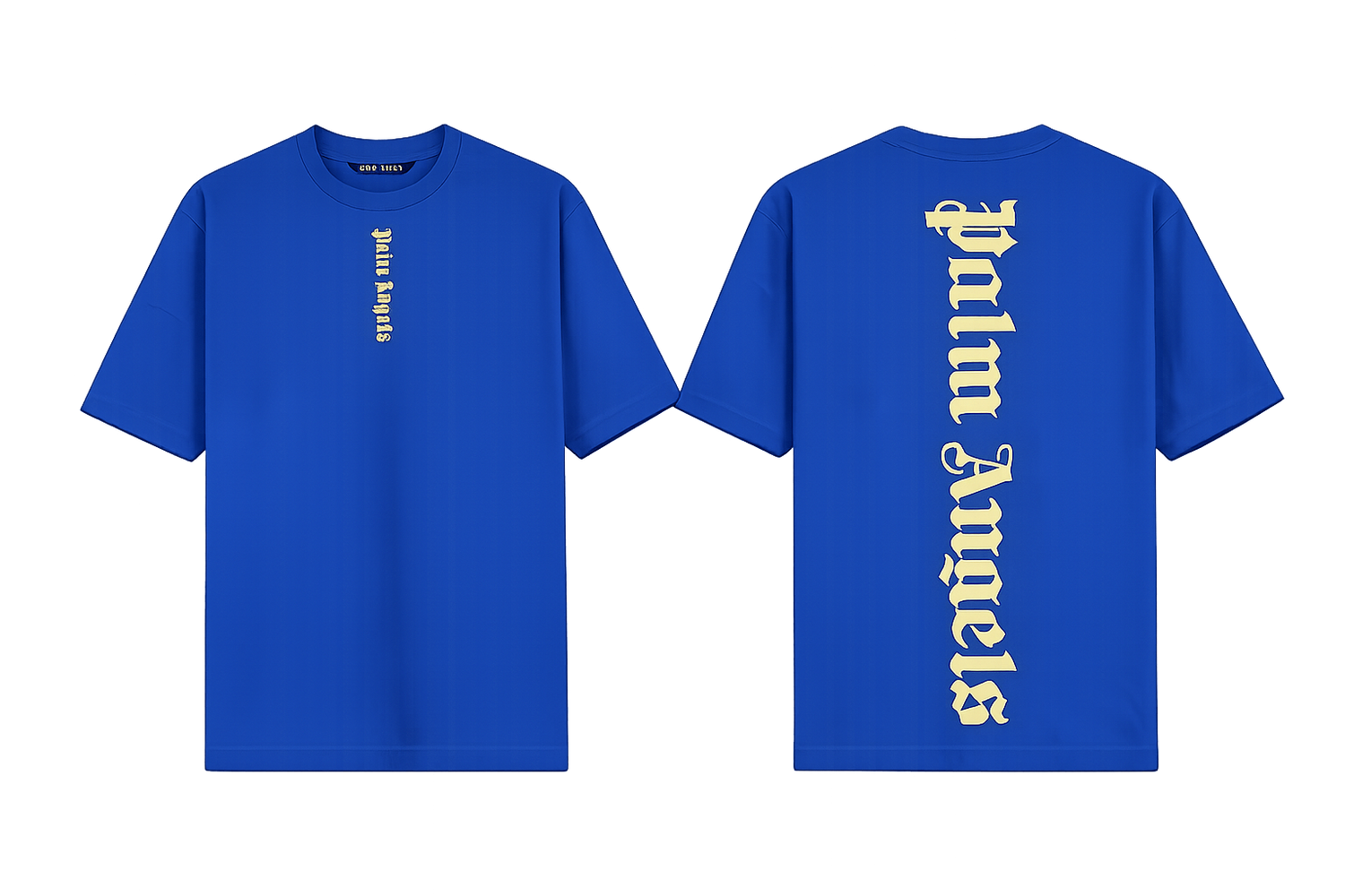 Palm Angels Blue T-Shirt featuring a large black gothic font logo
