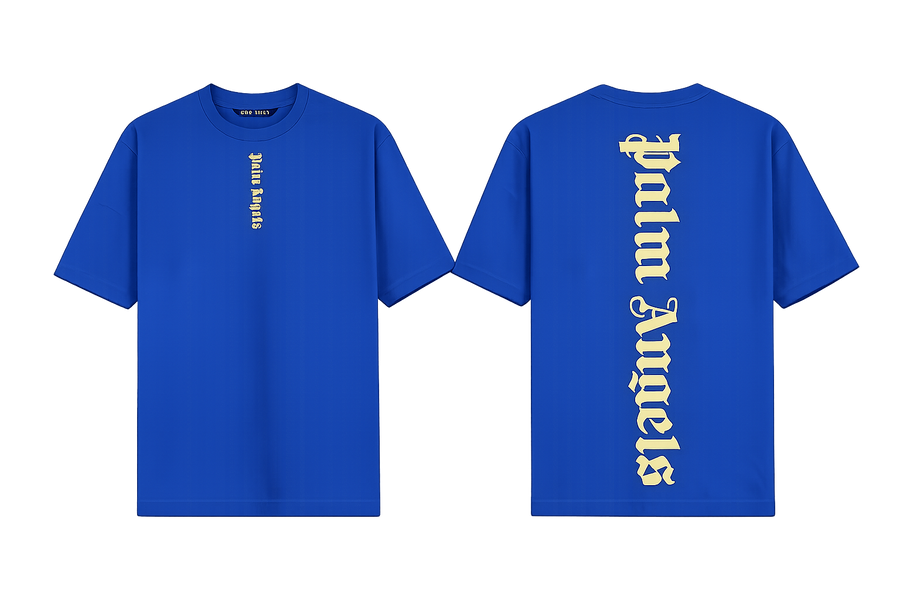 Palm Angels Blue T-Shirt featuring a large black gothic font logo