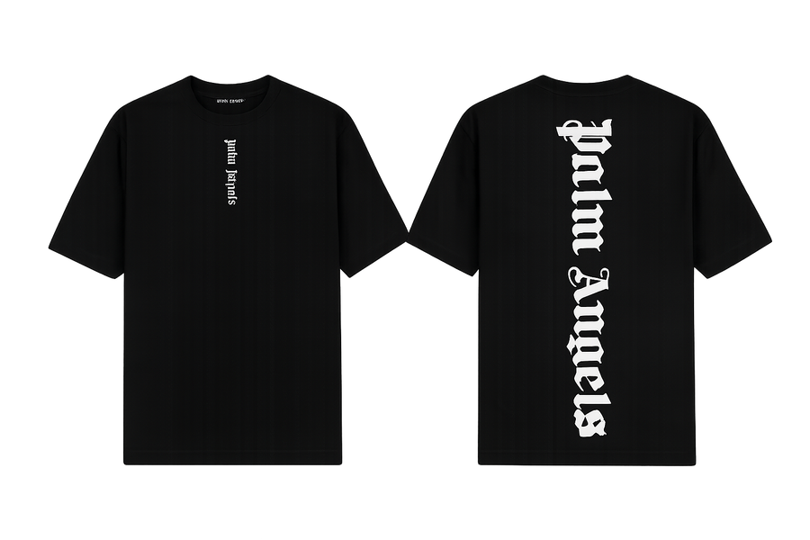 Palm Angels Black T-Shirt featuring a large black gothic font logo