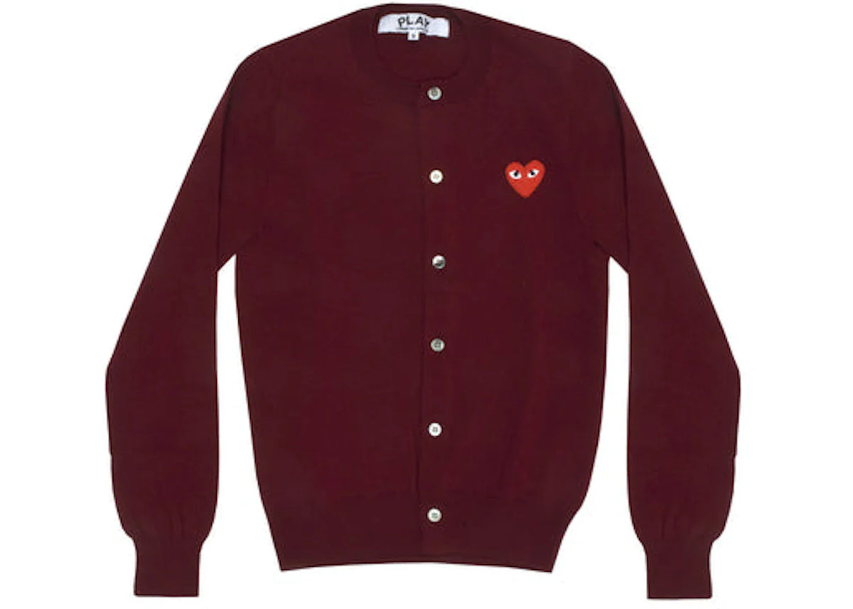 Comme Des Garcons Play Women'S Red Heart Knit Cardigan Sweater Burgundy