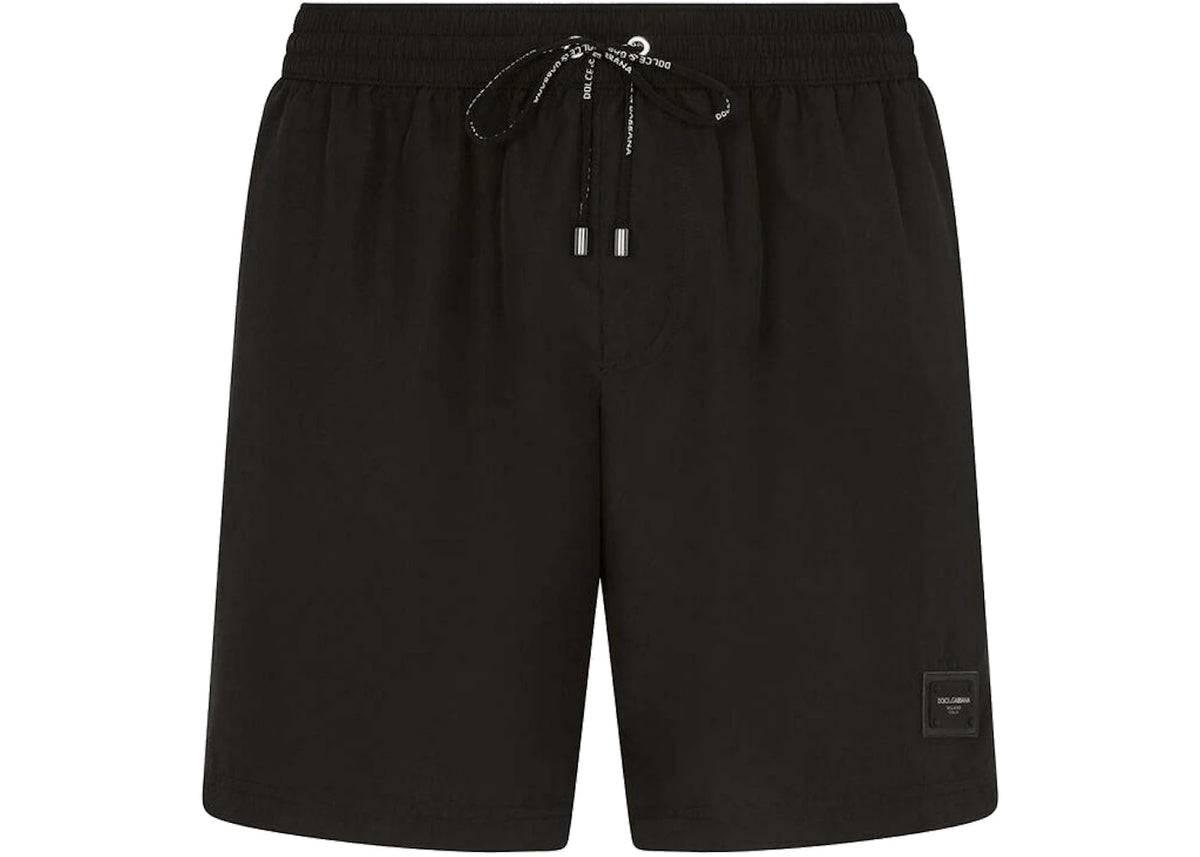 Dolce & Gabbana Mid Length Branded Plate Swim Trunks Black