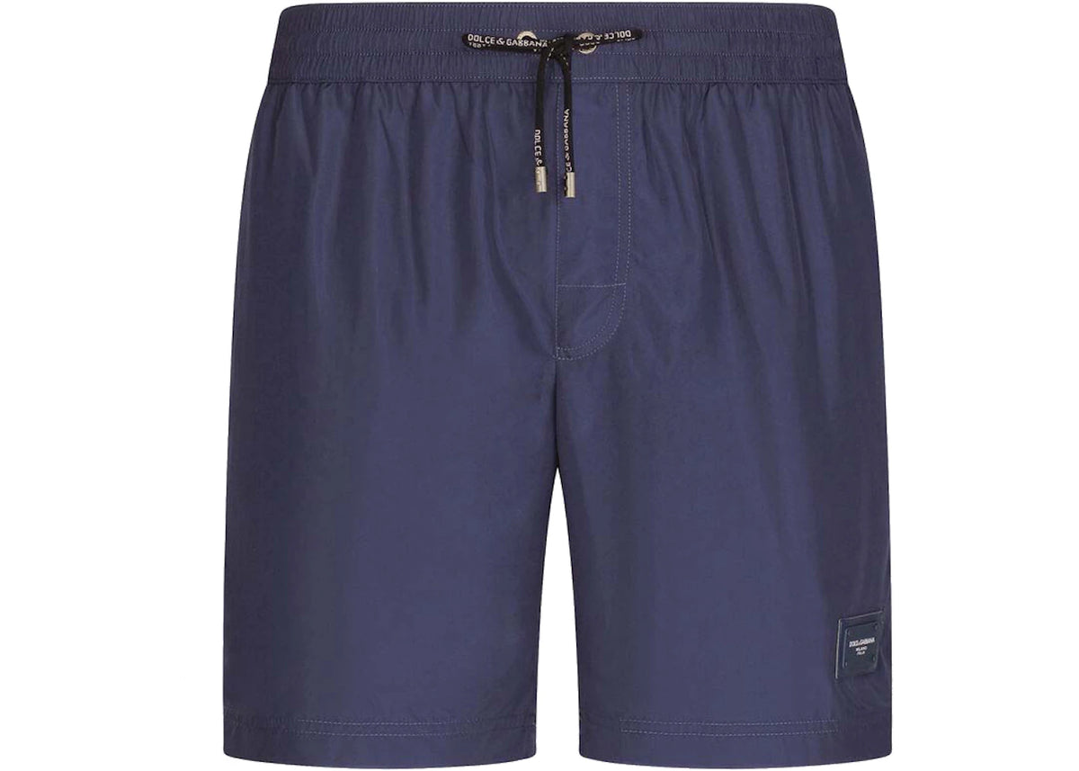 Dolce & Gabbana Mid Length Branded Plate Swim Trunks Blue