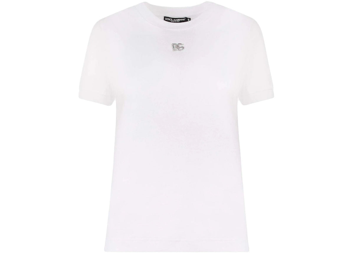 Dolce & Gabbana Woman Cotton Rhinestones Logo Detail T-Shirt White