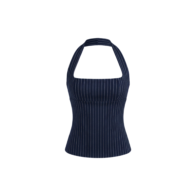 Elara Voss Structured Pinstripe Midnight Top