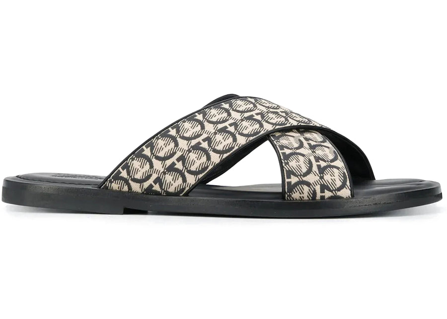 Ferragamo Gancini Printed Pool Slides Beige Black