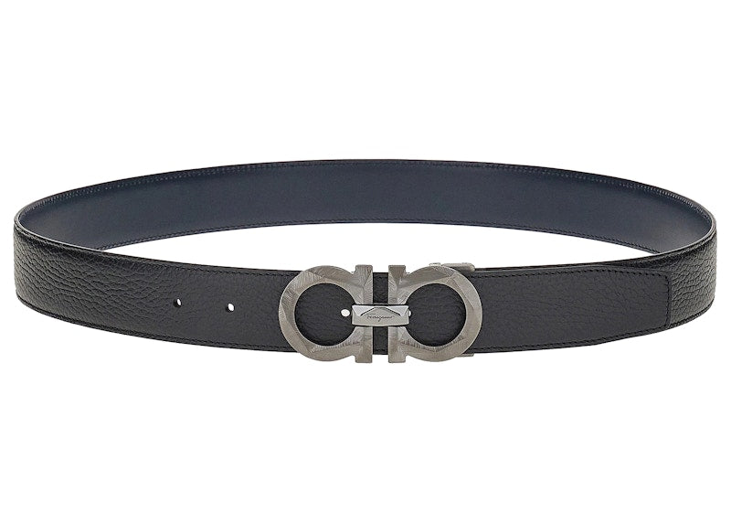 Ferragamo Reversible And Adjustable Gancini Belt Chiseled Black/Blue Marine