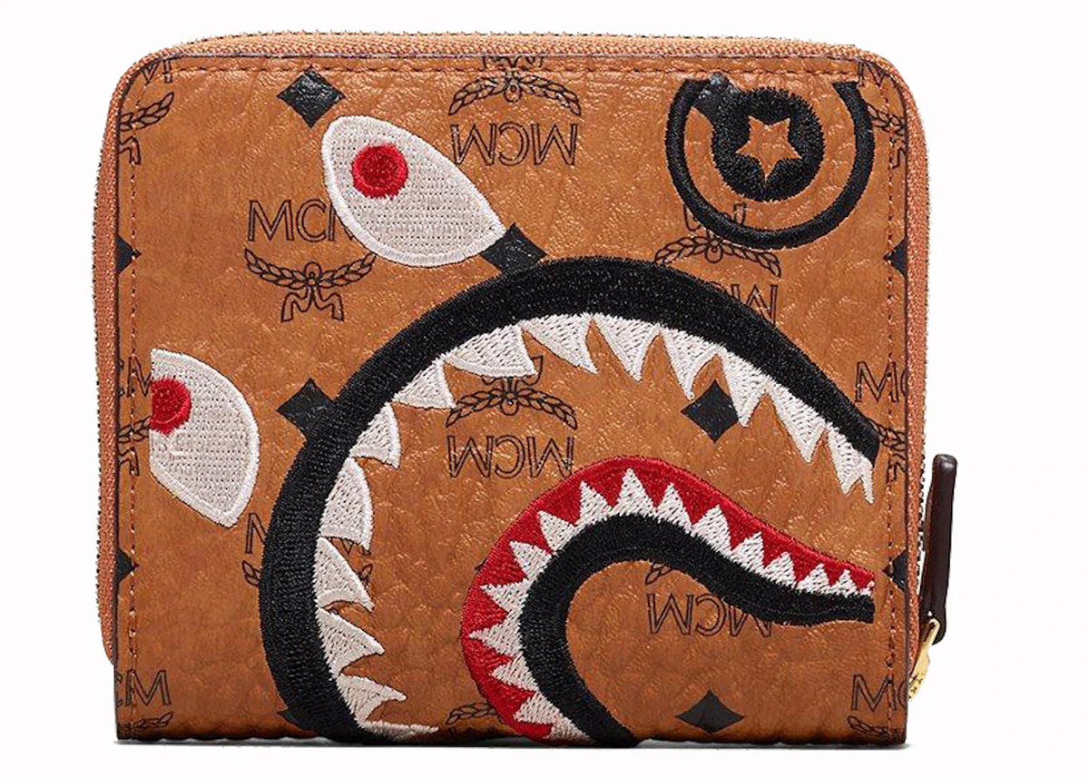 Mcm x Bape Shark Zip Wallet Visetos Mini Cognac