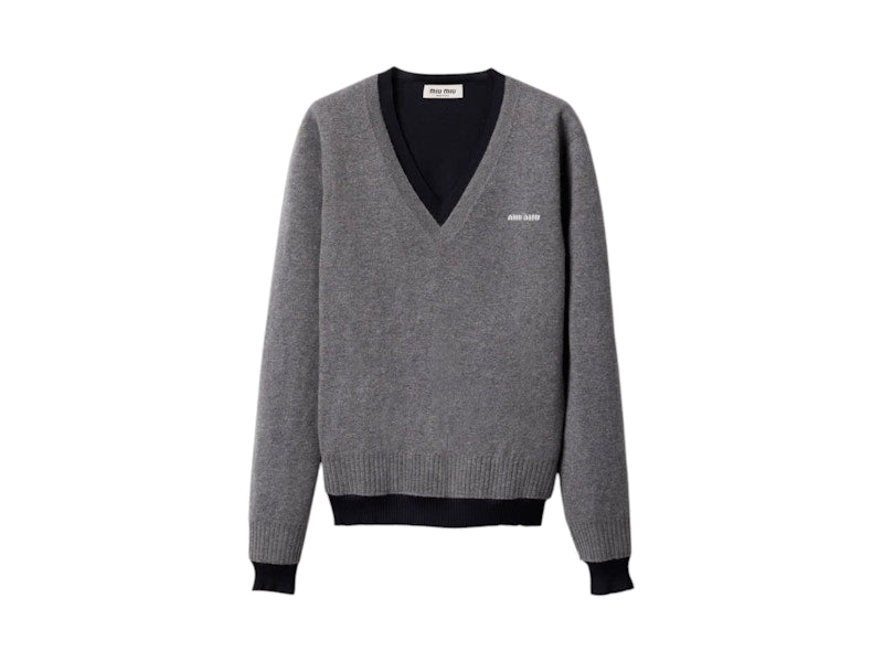 Miu Miu Silk Cashmere V-Neck Sweater Grigio Blu