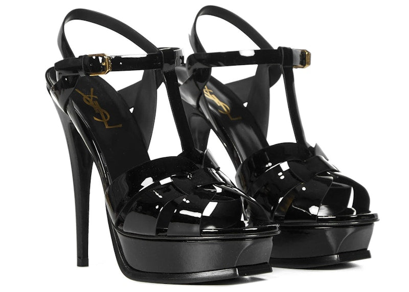 Saint Laurent Tribute Platform Sandal Heels Black Patent Leather