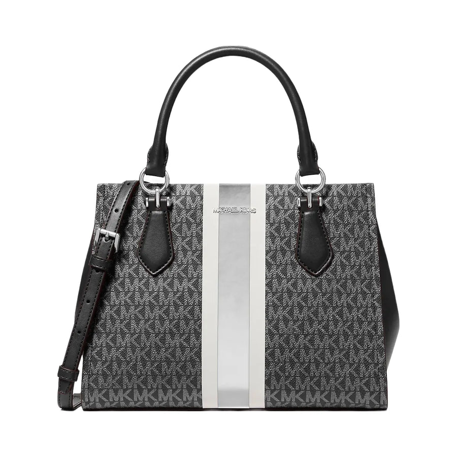 Michael Kors Marilyn Medium Signature Logo Stripe Satchel Black