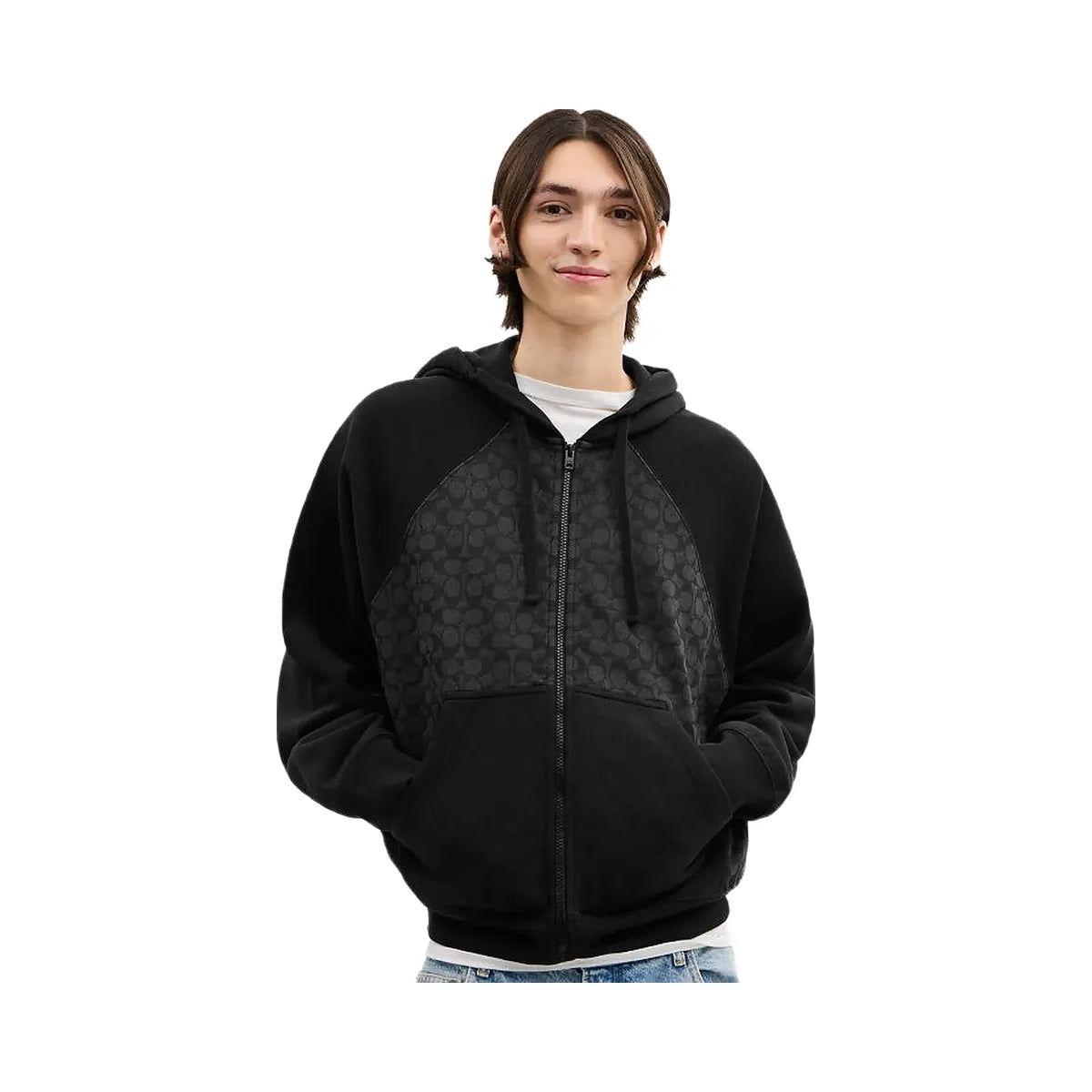 Coach Signature Full Zip Hoodie In Organic Cotton Charcoal Signature