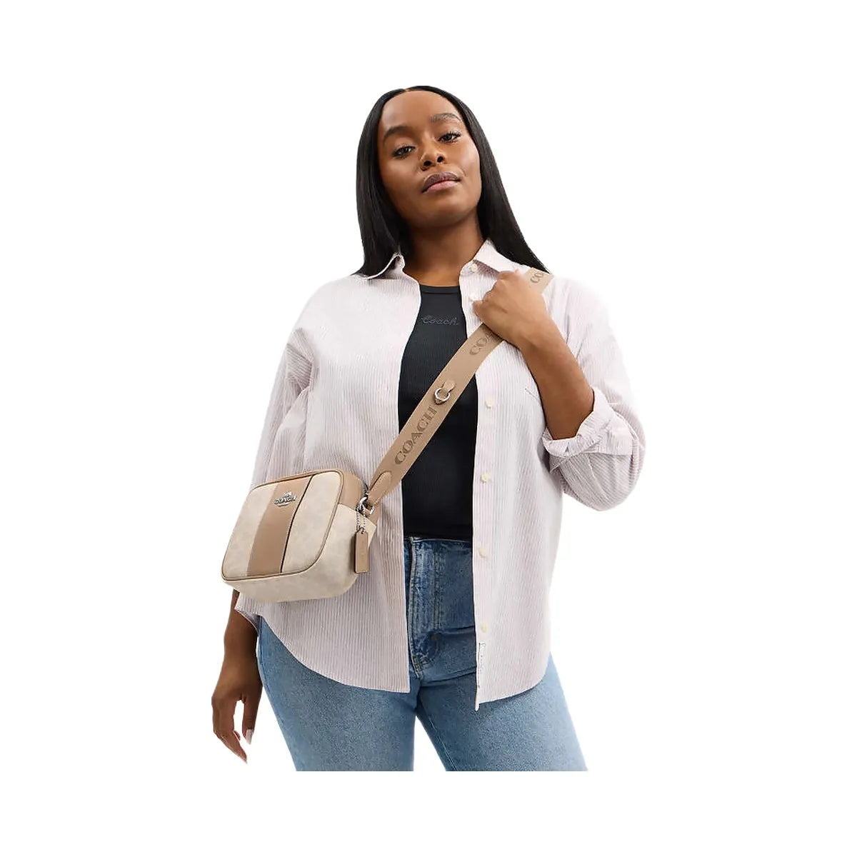 Coach Jamie Camera Bag In Signature Canvas With Stripe Signature Canvas-Silver-Sand-Taupe