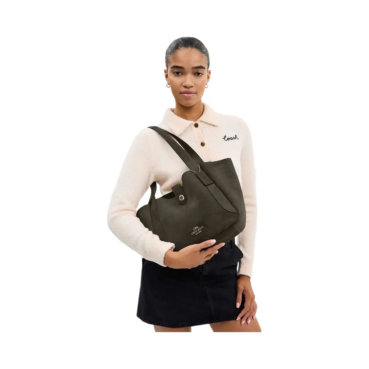 Coach Hadley Turnlock Tote Bag Suede-Qb-Army Green