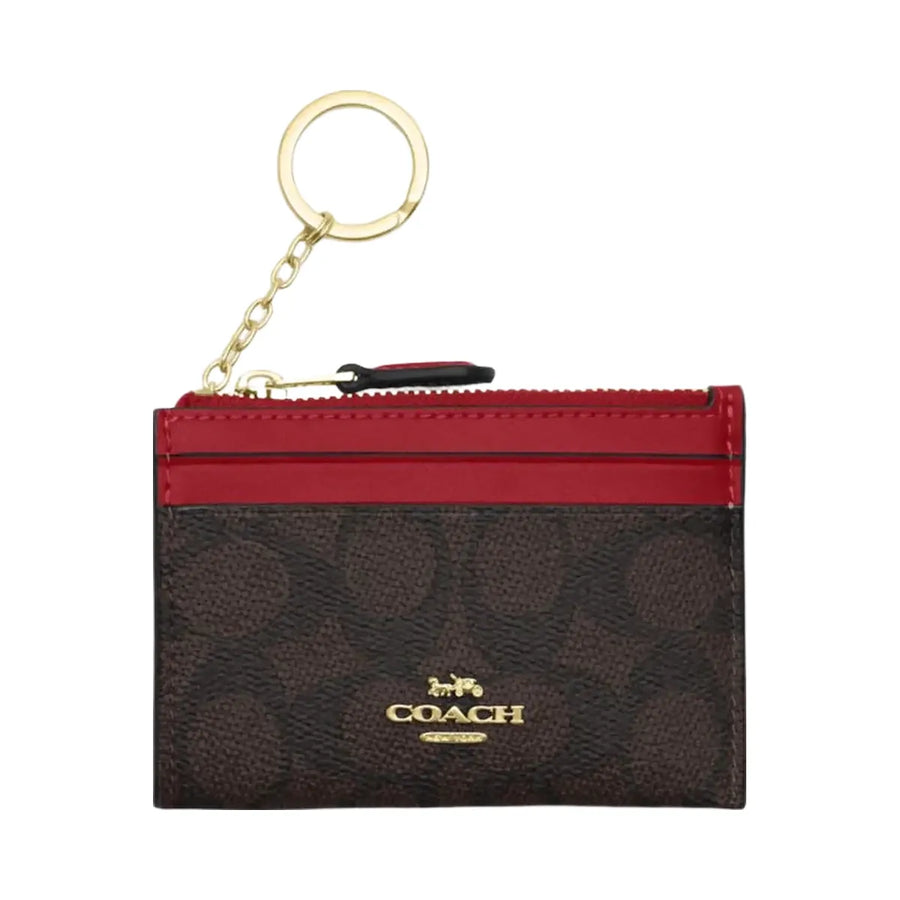 Coach Mini Skinny Id Case In Signature Canvas Signature Canvas-Im-Walnut-True Red